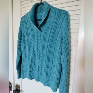 Blue/Green Cable Knit Sweater Ribbed Hem and Collar Size Small